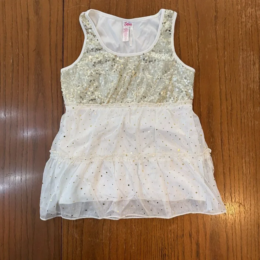 Justice Sequin Tiered Tank Top Ivory Gold Glitter Fairycore Party Size 18